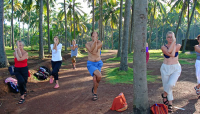 yogagrupp gör en stående övning under palmerna